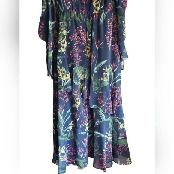 NWT Marchesa Notte Floral Print Cold Shoulder Ruffle Midi Dress - Picture 6 of 12